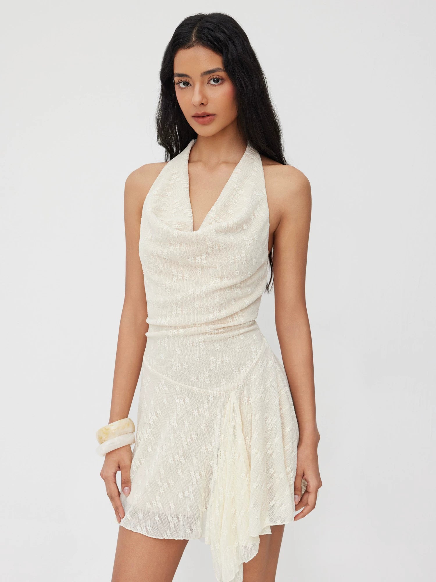 French Style Swing Neck Lace Ruffled Lace Cropped Backless Halterneck Dress