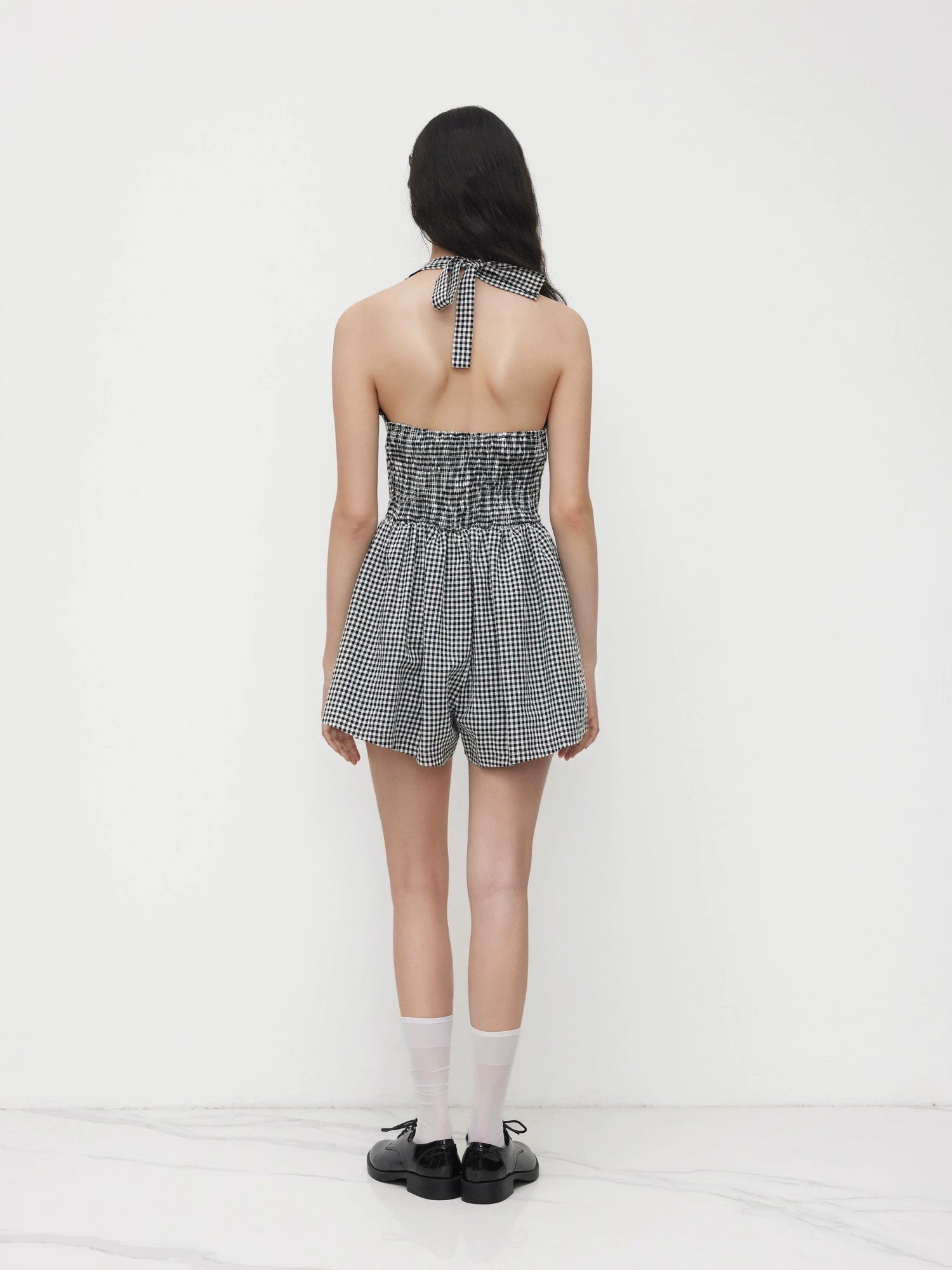 Plaid Halterneck Jumpsuit Shirring Lace-up Fungus Edge Backless Slim Bodysuit Shorts