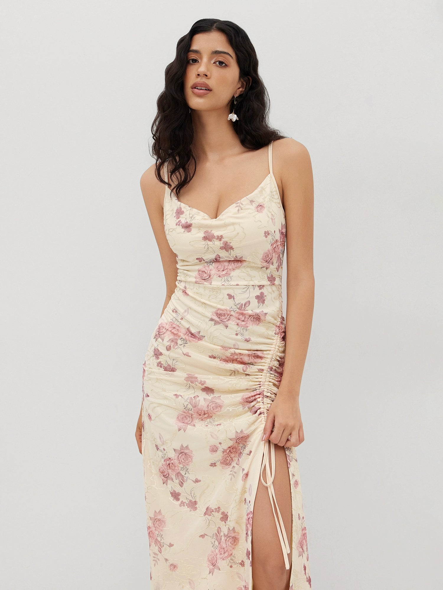 Floral Drawstring Mesh Bandeau Pleated Long Slip Dress