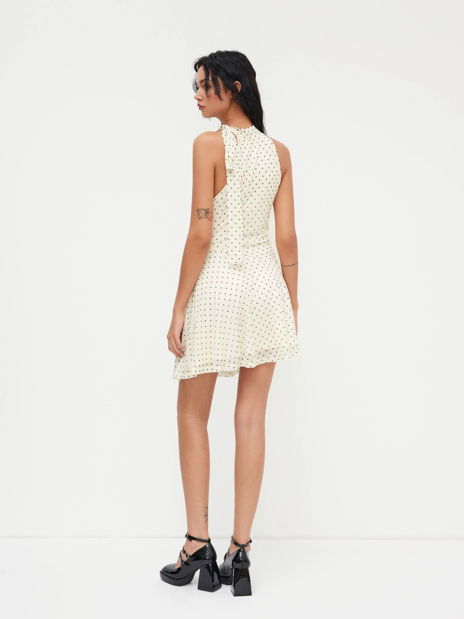Halterneck Polka Dot Pleated Ruffled Mini Dress