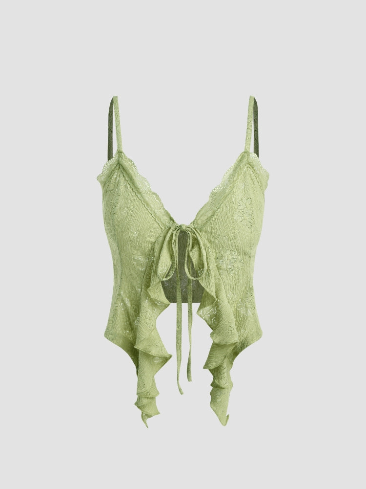 lace-up ruffled short knitted top