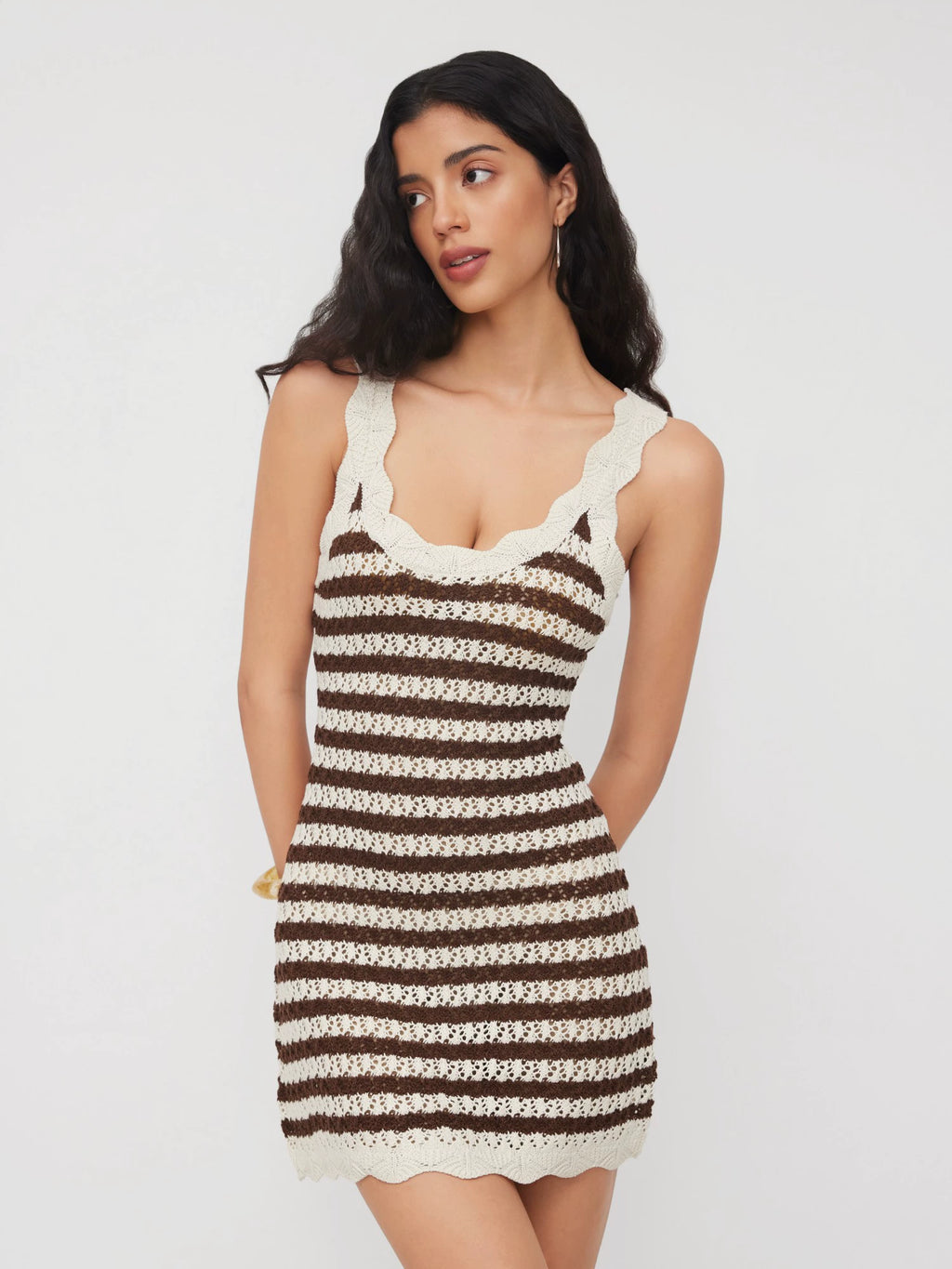 Knit V-Neck Striped Cut-Out Ruffled Slim Fit Cropped Knit Slip Dress