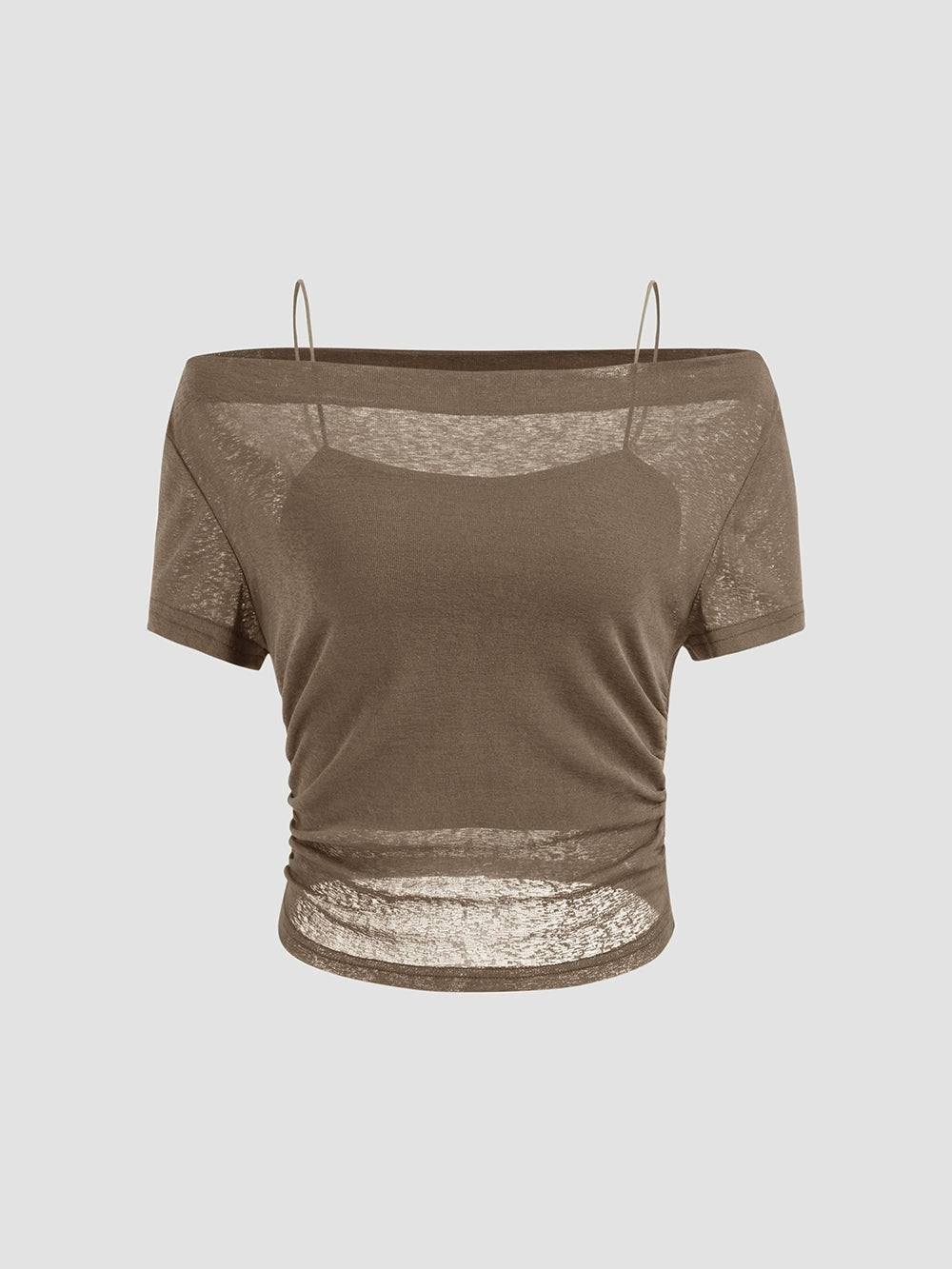 Shoulder Pleated Short-sleeved T-shirt Solid Color Slim-fit Sling Short One-line Collar Short-sleeved Top