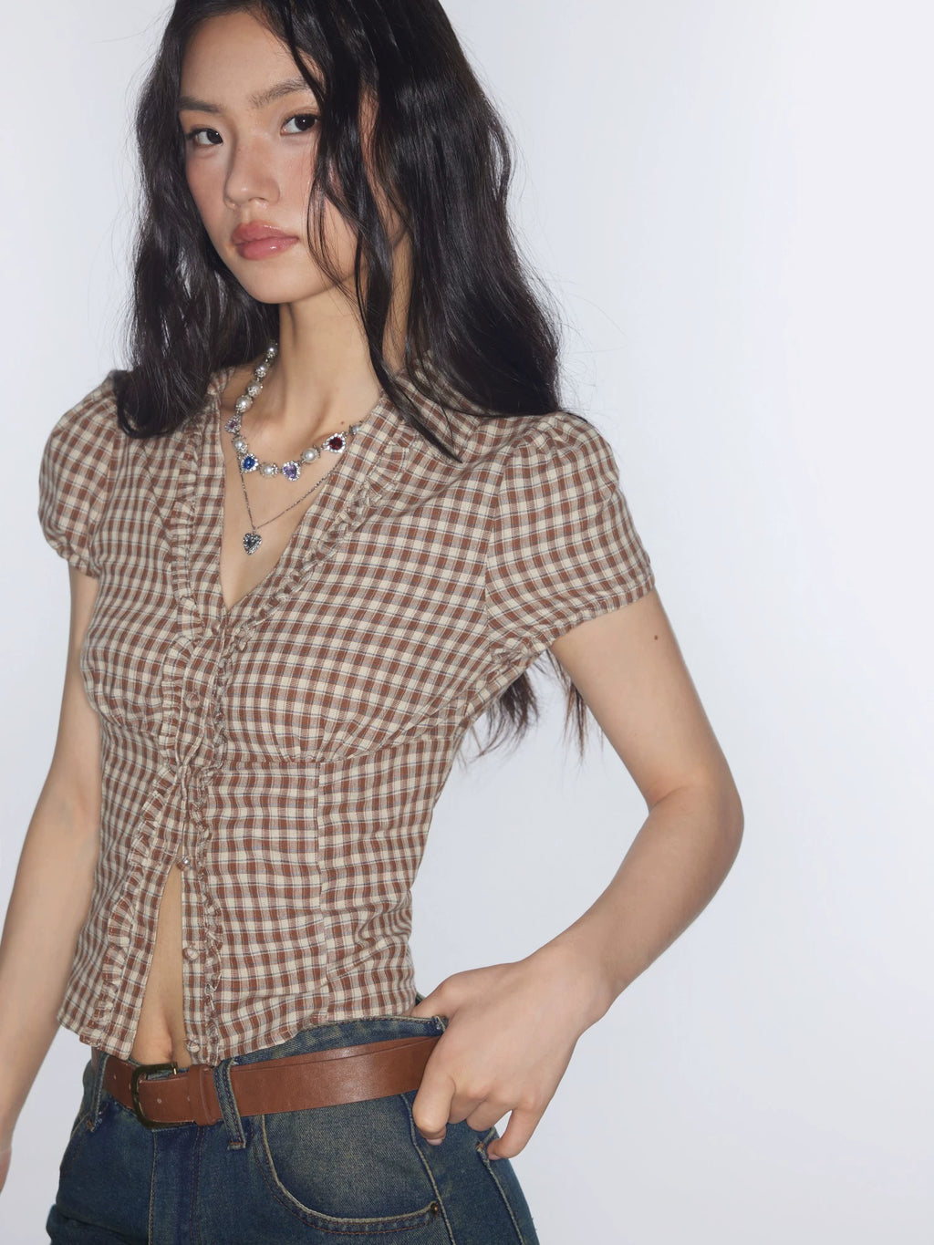 Star same genuine cotton V-neck retro plaid pinched waist small waist shirt top