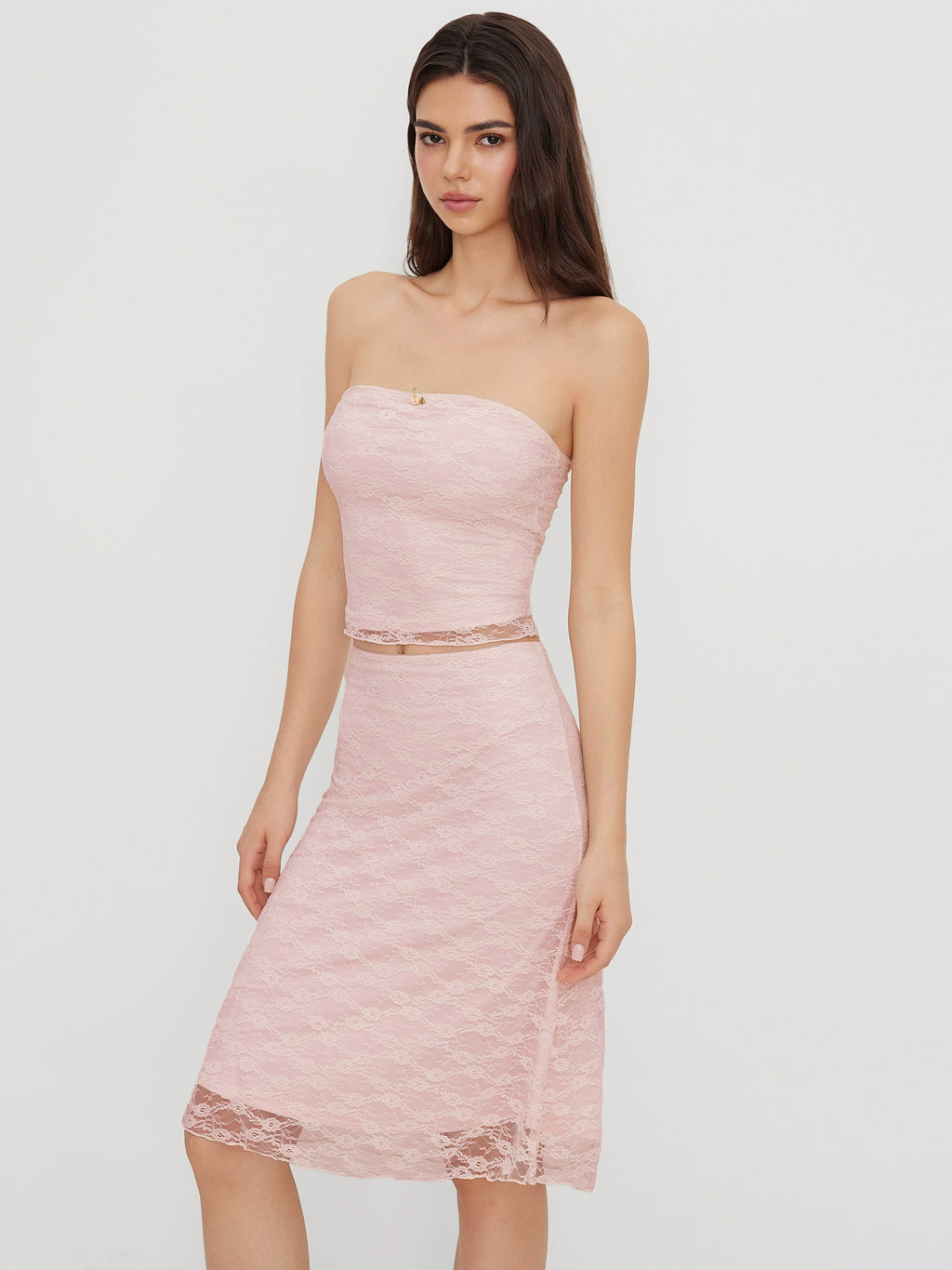 Floral lace bandeau top with mermaid midi skirt set