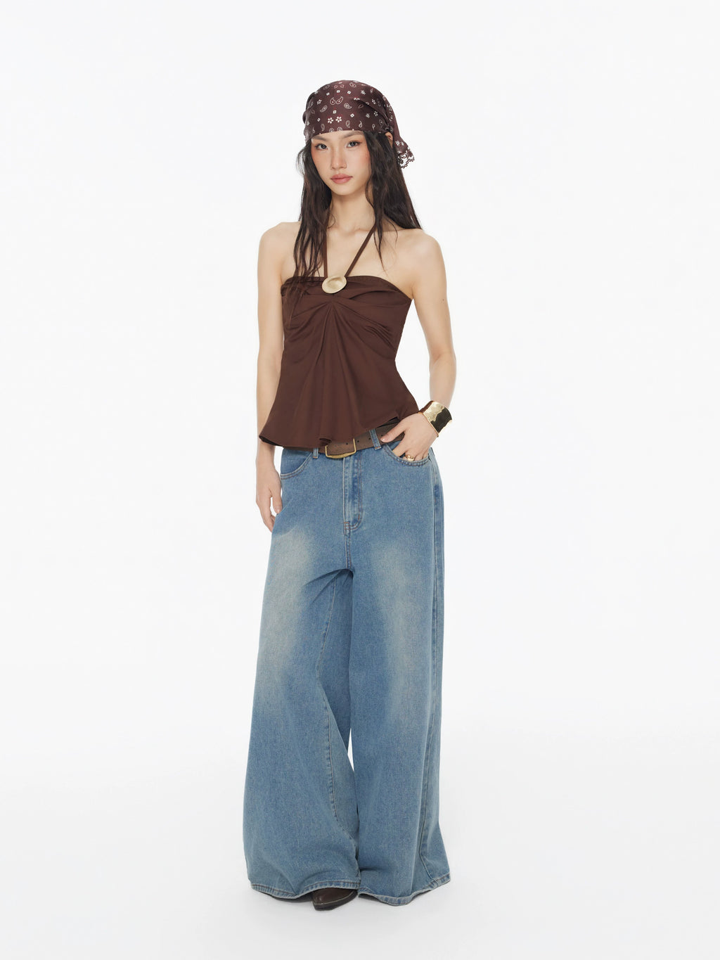 cotton-blend neck camisole pleated design metal-trimmed sleeveless top