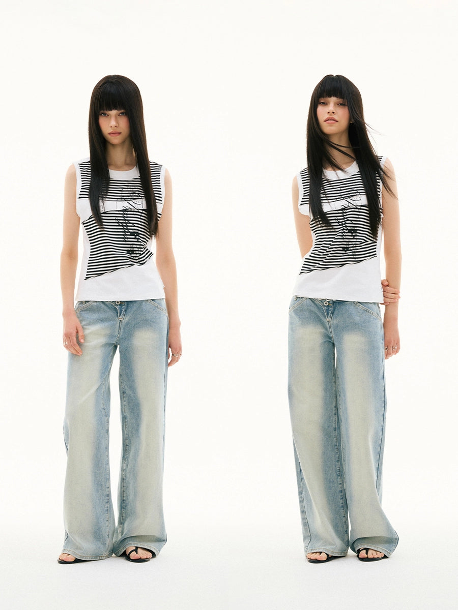 Diagonal Breasted Placket Low Rise Light Blue Wash Straight Jeans Trousers