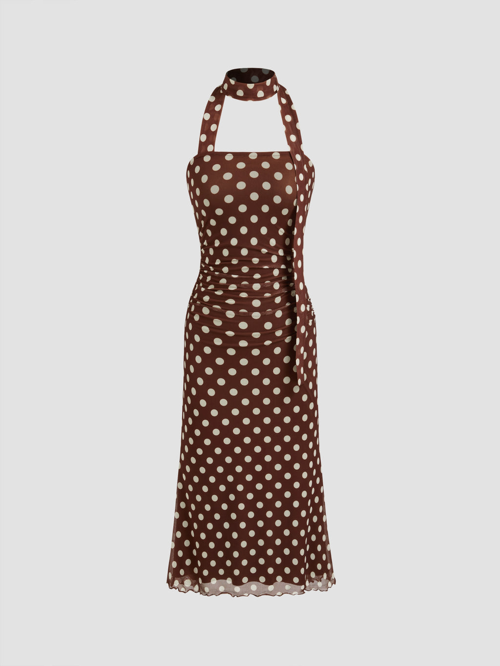 Mesh halterneck suspender asymmetrical design polka dot pleated midi length sleeveless dress