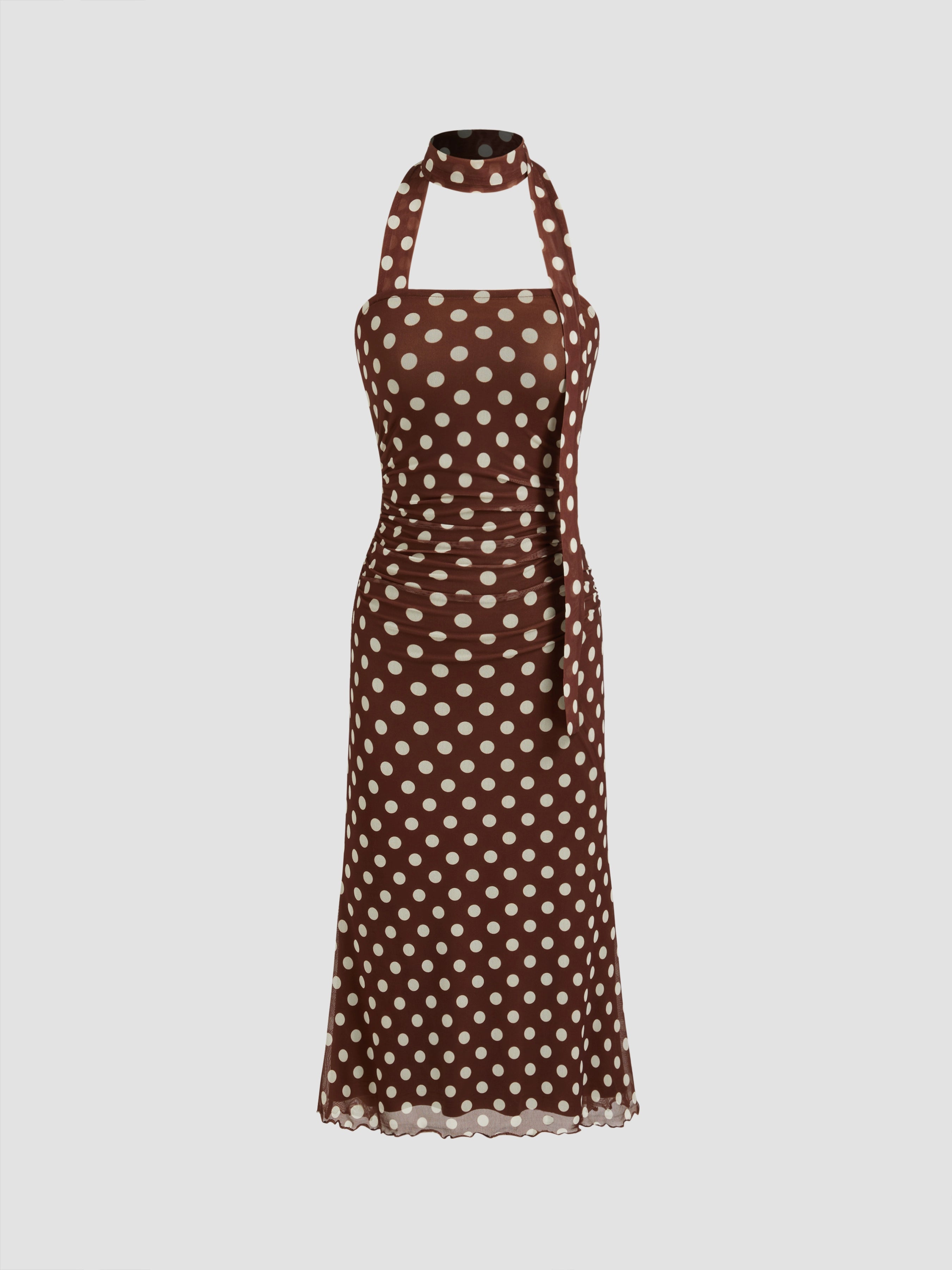 Mesh halterneck suspender asymmetrical design polka dot pleated midi length sleeveless dress
