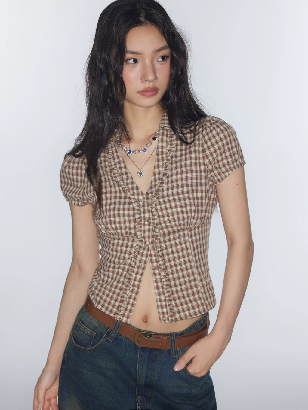 Star same genuine cotton V-neck retro plaid pinched waist small waist shirt top