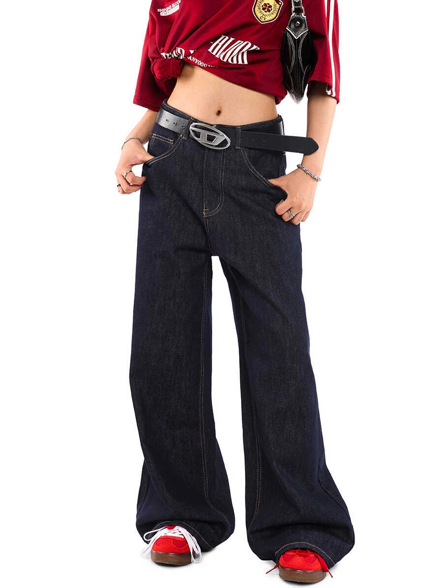 Dark Blue Wide Leg Jeans Men's and Women's Loose American Washed Denim Sagging Straight Leg Pants