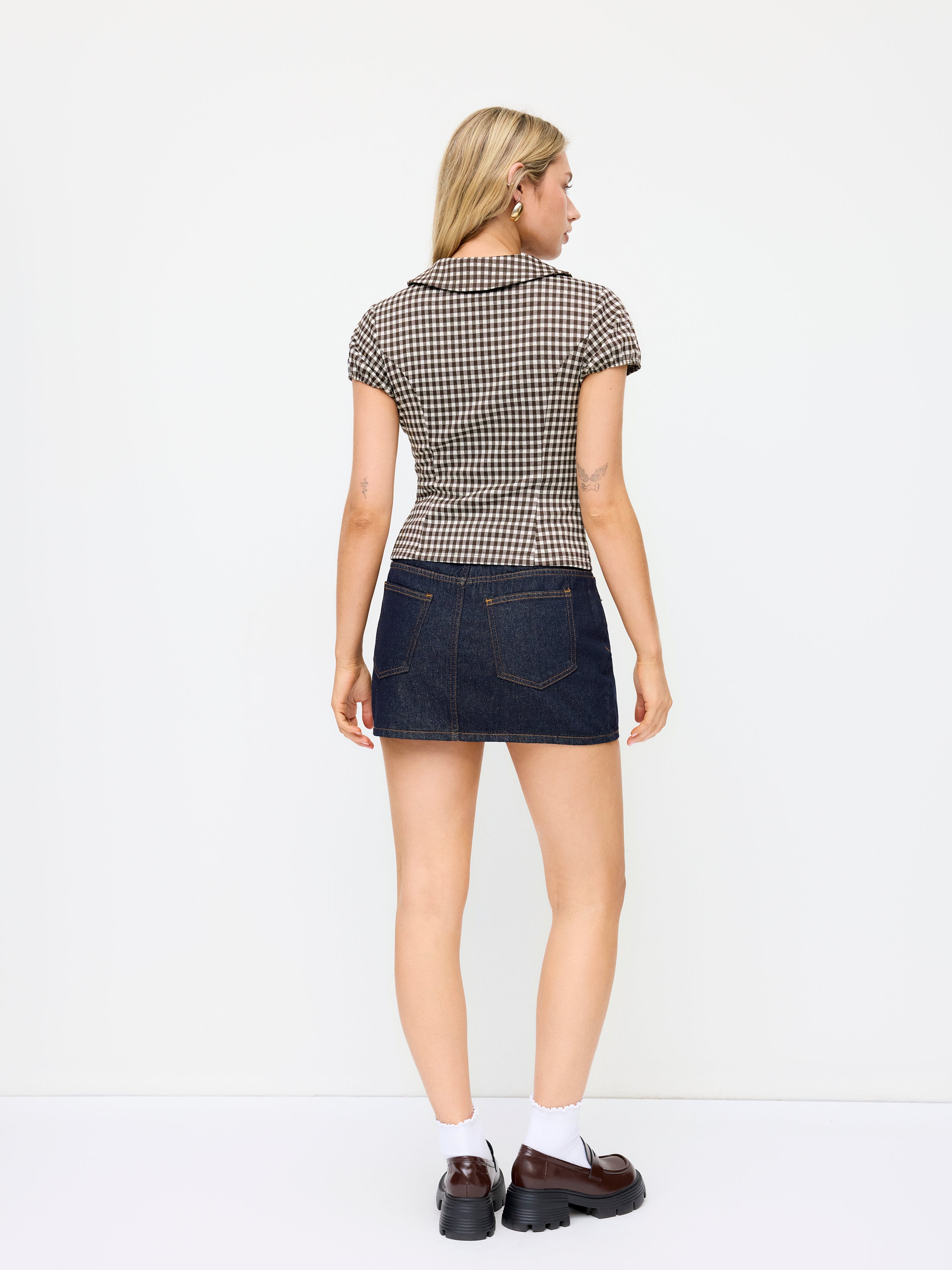 Plaid Asymmetrical Neckline Button-Down Cropped Top