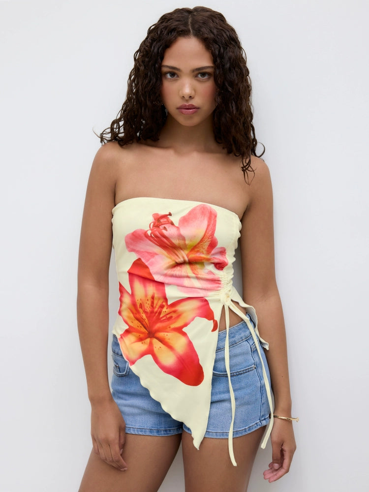 Star genuine goods Floral Printed Drawstring Asymmetric Vacation Top