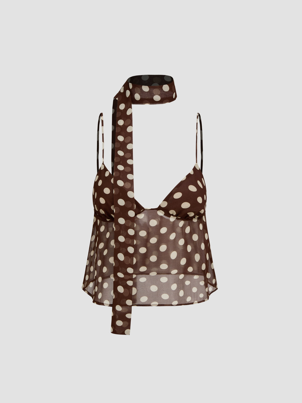 Brown American Vintage Polka Dot Short Chiffon Backless Suspender Top with Lace-up Silk Scarf