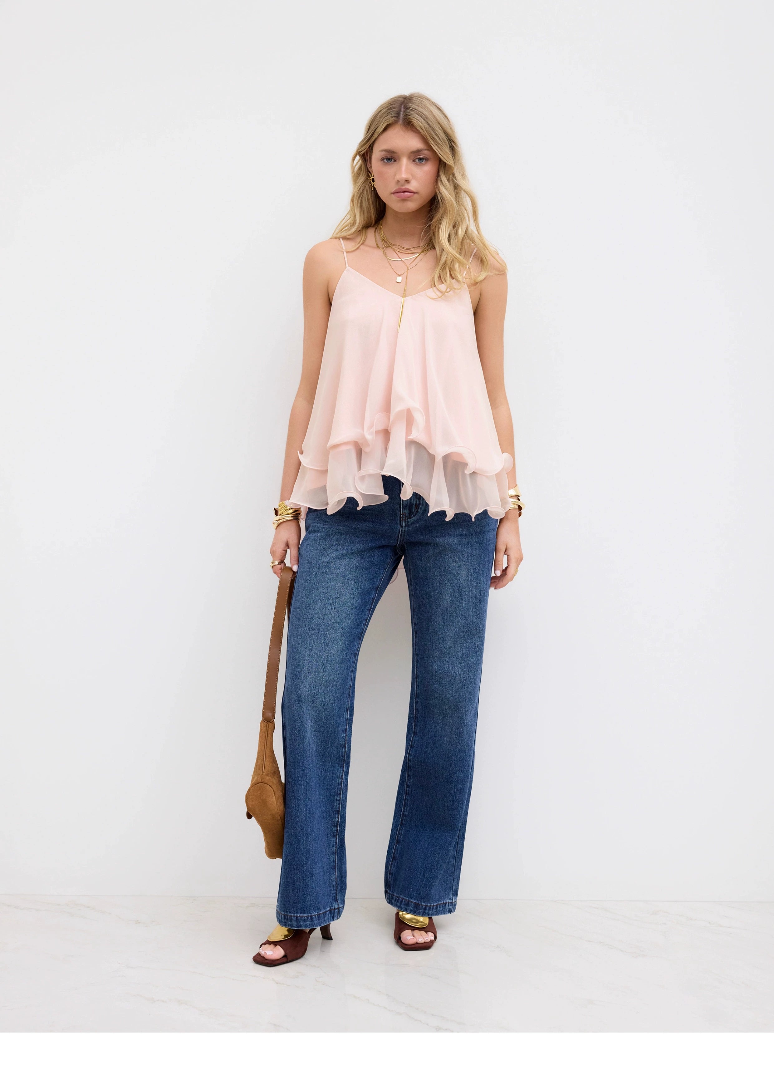 Lace-up Lace-up Ruffled Mesh Tulle Suspender Cropped Top