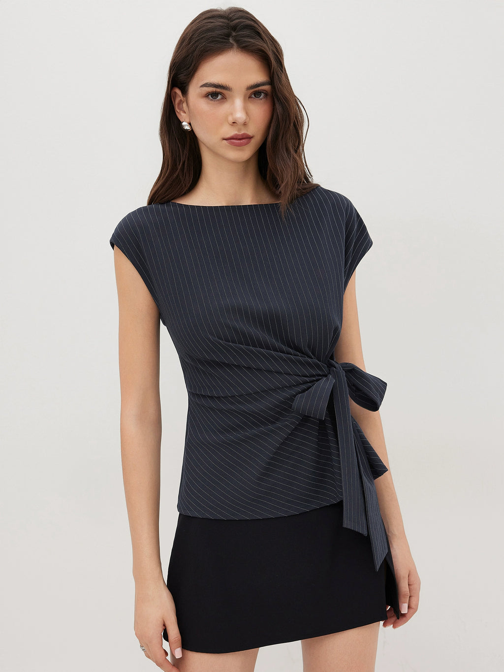 boat-neck striped lace-up loose top