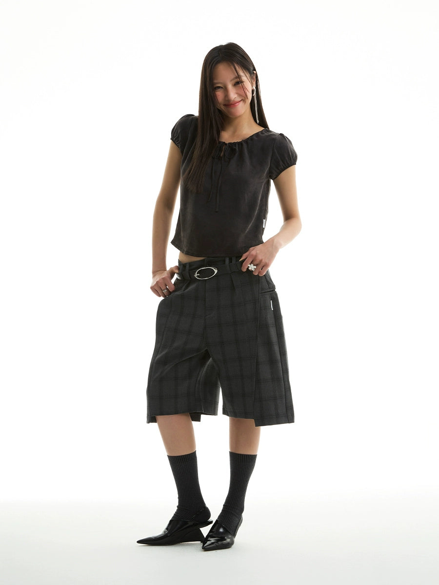 Drawstring Neckline Design Elastic Puff Sleeve Smooth Fabric Short Sleeve T-Shirt