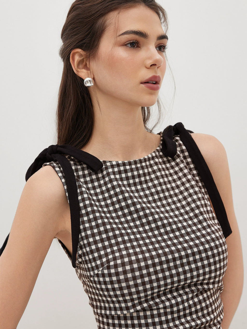 Plaid Dress Short Bow Pleated Crew Neck Design Sleeveless Vest Dress