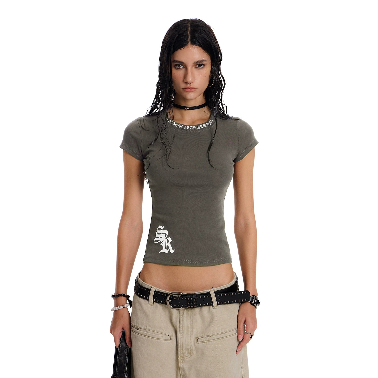 Gothic slim American shoulder T-shirt American retro fashion brand slim hot girl short sleeve top