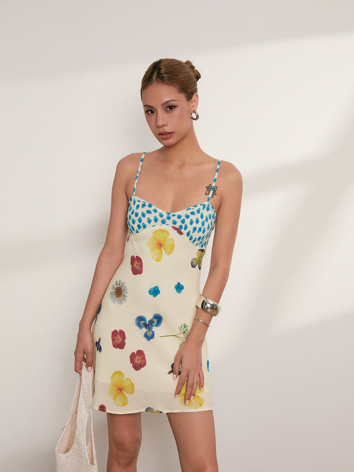 Niche seaside resort style drape colorful print floral slip dress bias dress women's summer