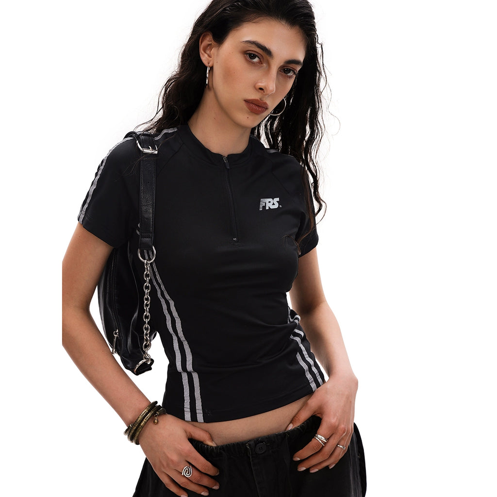 Half-Zip Print Sports Quick Dry Short Sleeve T-Shirt Women's Slim Fit American Retro Cycling Jersey Top