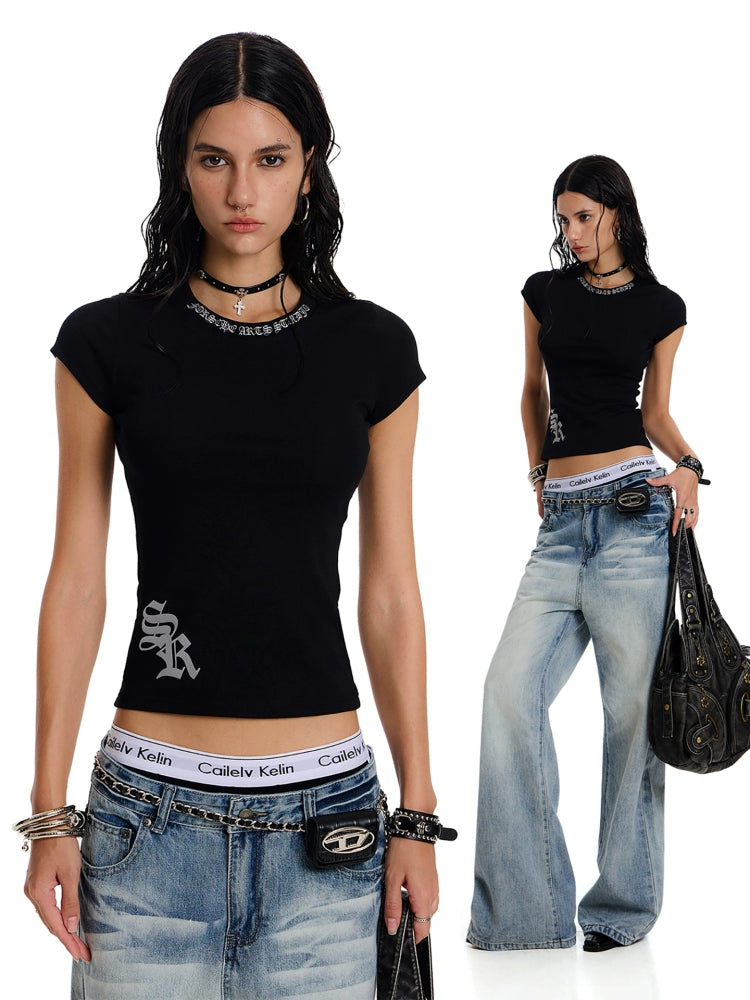 Gothic slim American shoulder T-shirt American retro fashion brand slim hot girl short sleeve top