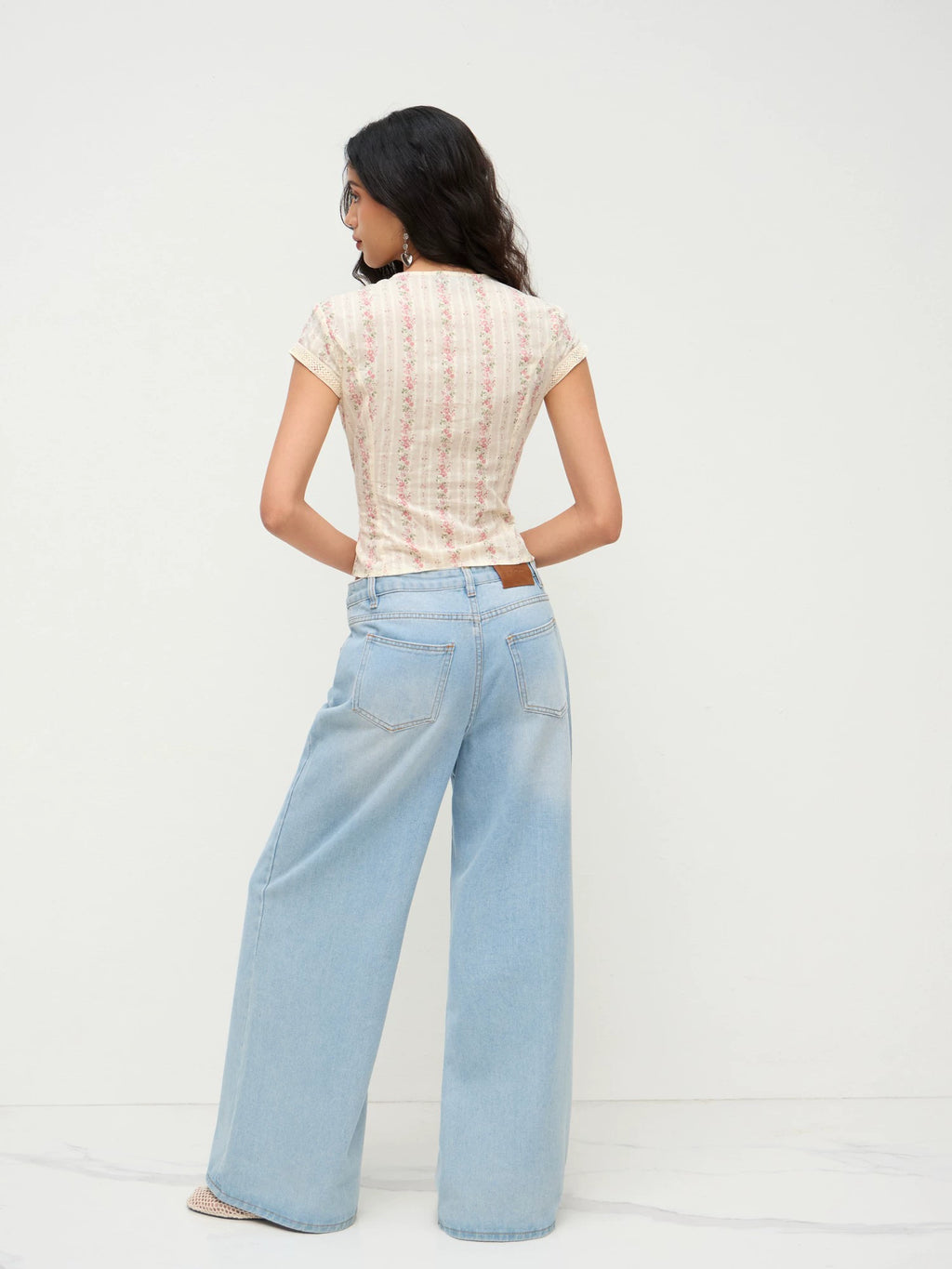 Cotton V-neck cropped shirt floral short-sleeved shirt