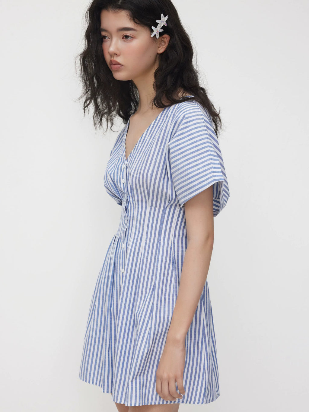 Cotton-Blend V-Neck Striped Waist Cropped Shirt Dress