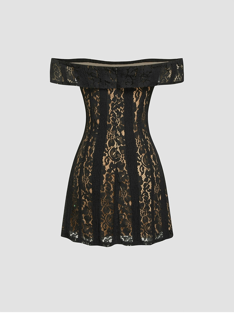 Lace Straight Neck Off-the-Shoulder Short Skirt Lace-up Waist Cropped Mesh One-Shoulder Dress