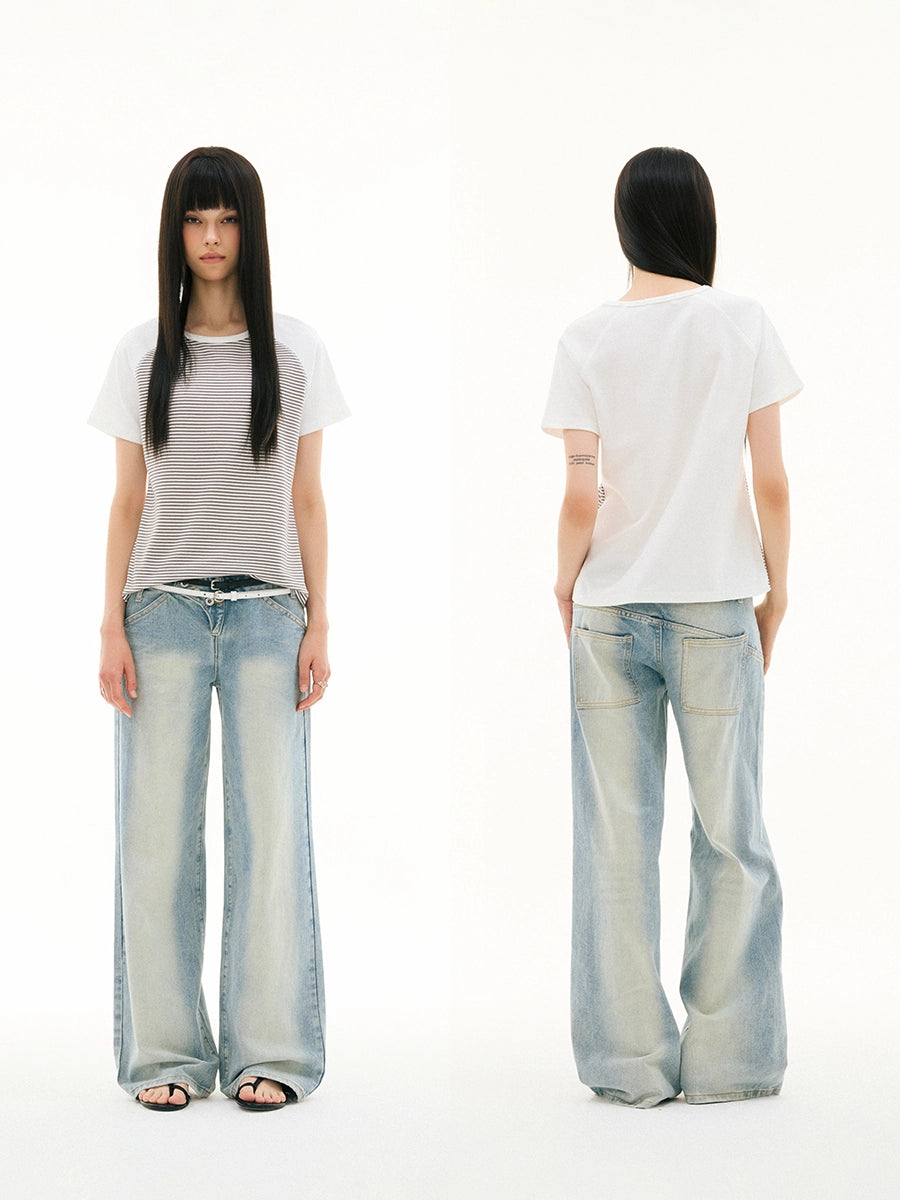 Diagonal Breasted Placket Low Rise Light Blue Wash Straight Jeans Trousers