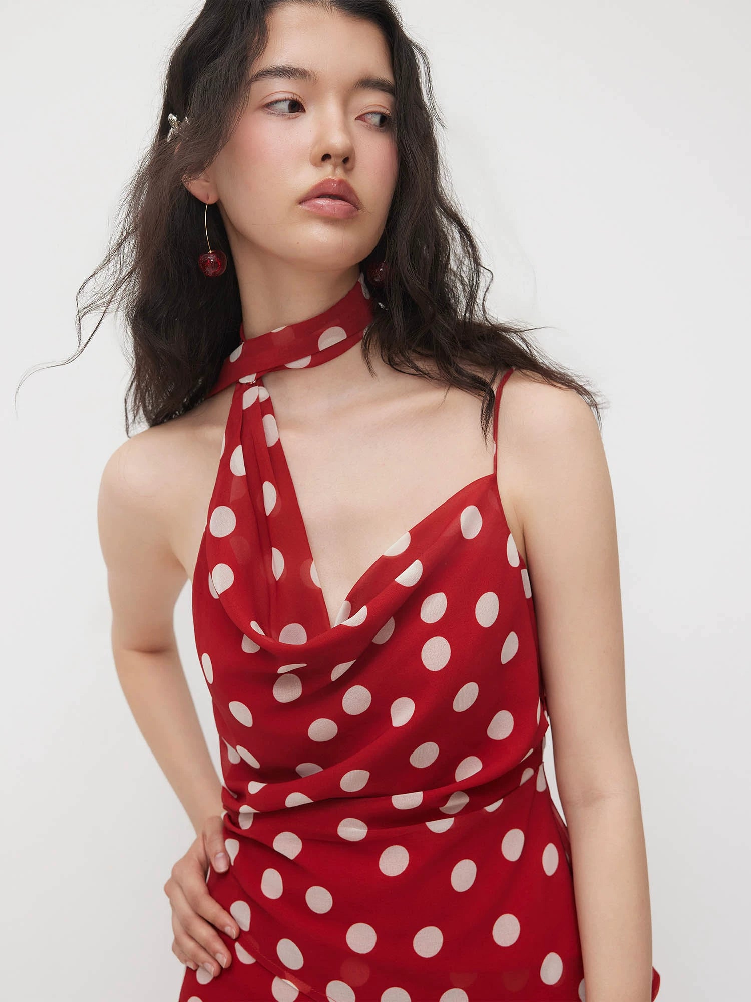 swing collar pleated polka dot ribbon design Suspender top short skirt suit