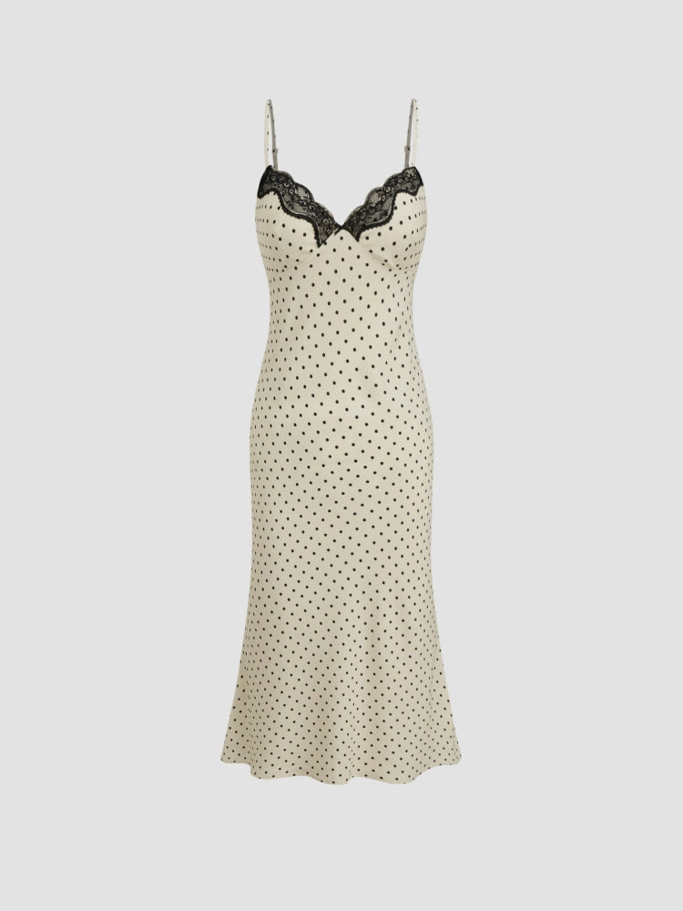Playful Contrast Polka Dot Lace Summer New Midi Length Slip Dress