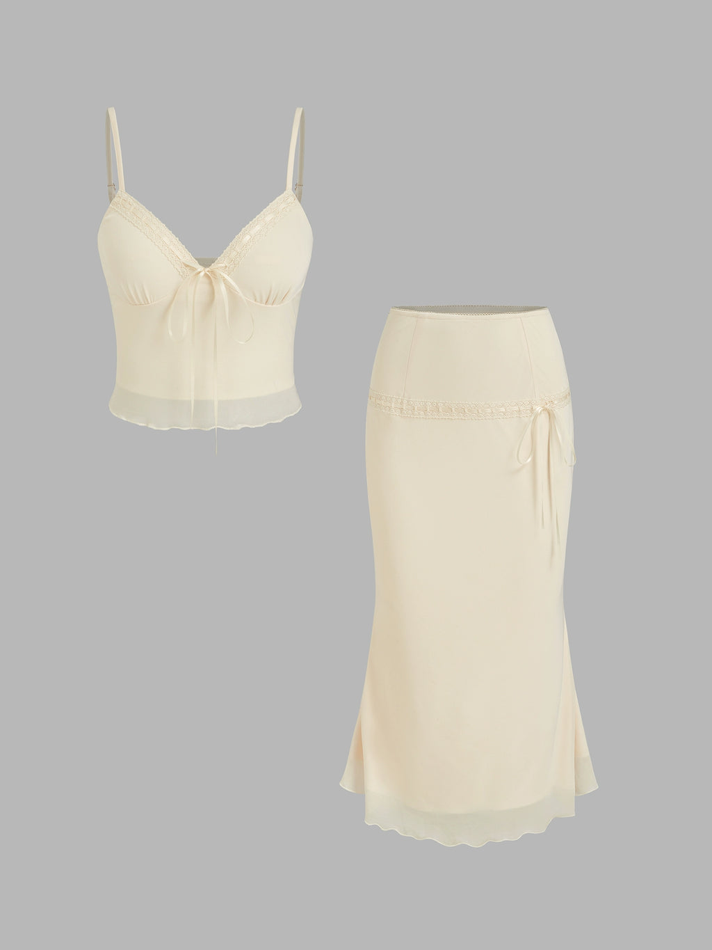 Mesh V-Neck Bow Cropped Camisole Top Ruffled Mid Skirt Set