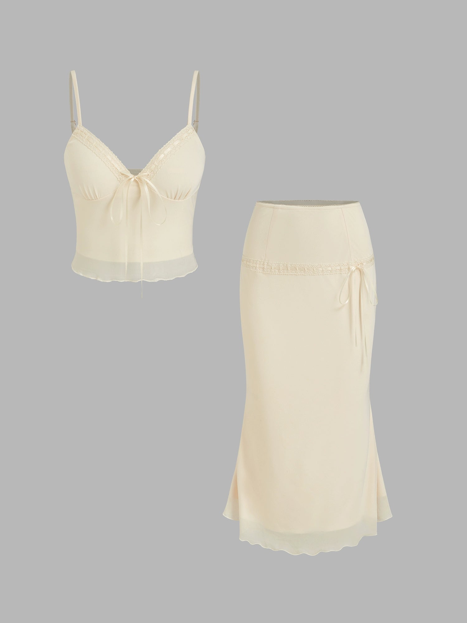 Mesh V-Neck Bow Cropped Camisole Top Ruffled Mid Skirt Set