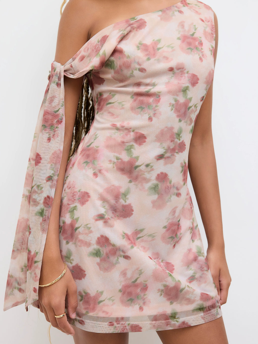 Floral Lace-up Asymmetrical Neckline Mini Dress