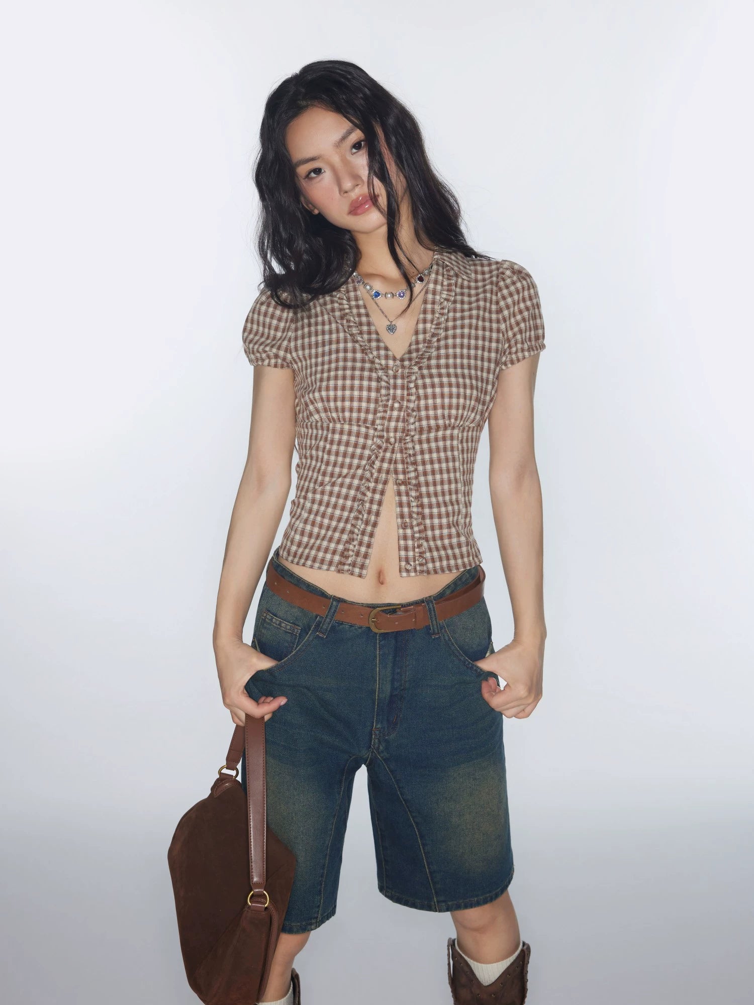 Star same genuine cotton V-neck retro plaid pinched waist small waist shirt top