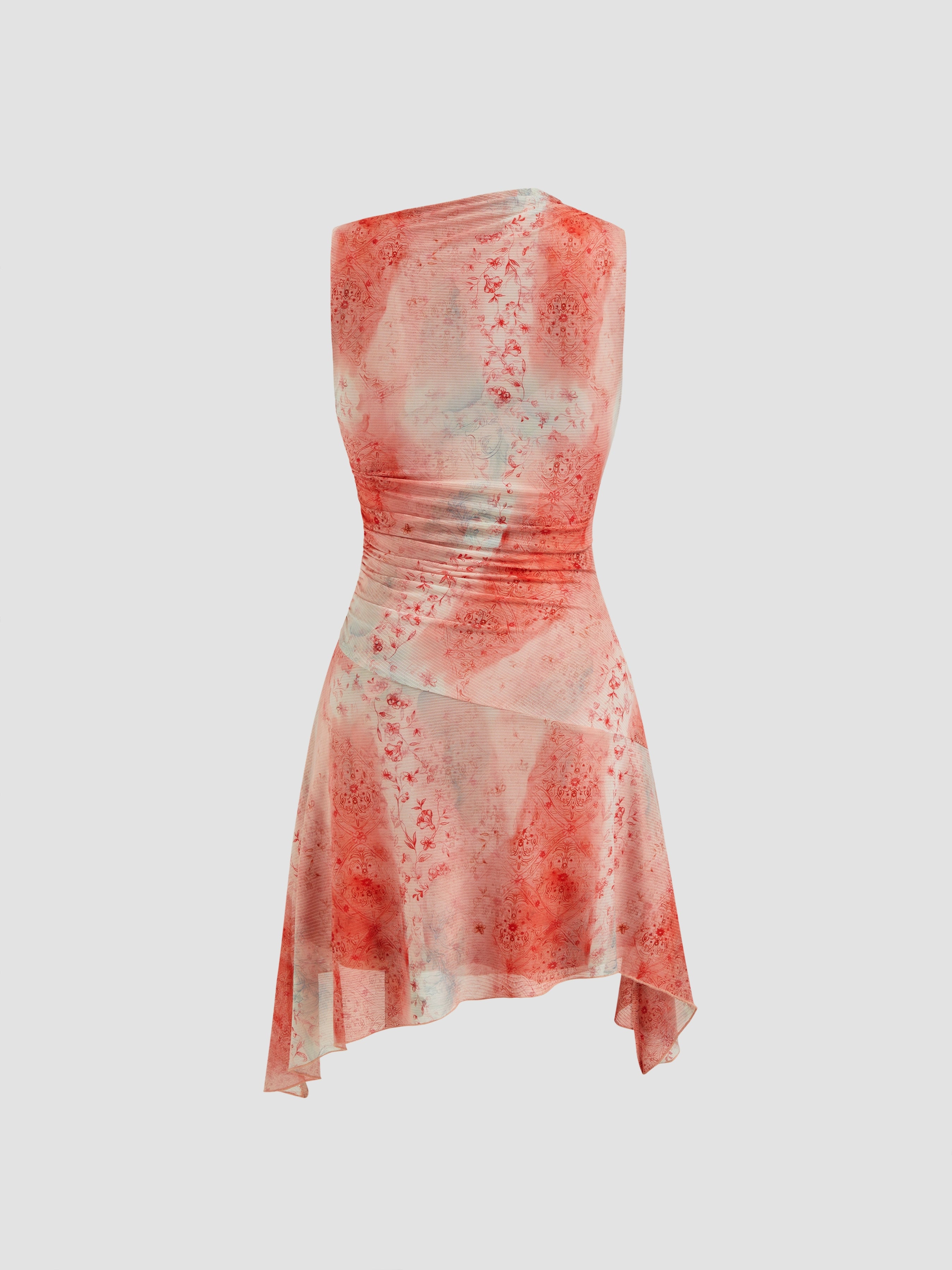 tie-dyed floral skirt asymmetric design high sense lace-up gauze tulle dress