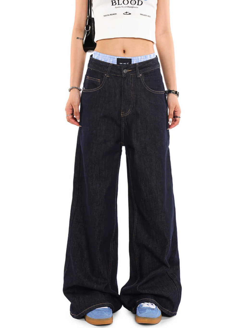 Dark Blue Wide Leg Jeans Men's and Women's Loose American Washed Denim Sagging Straight Leg Pants