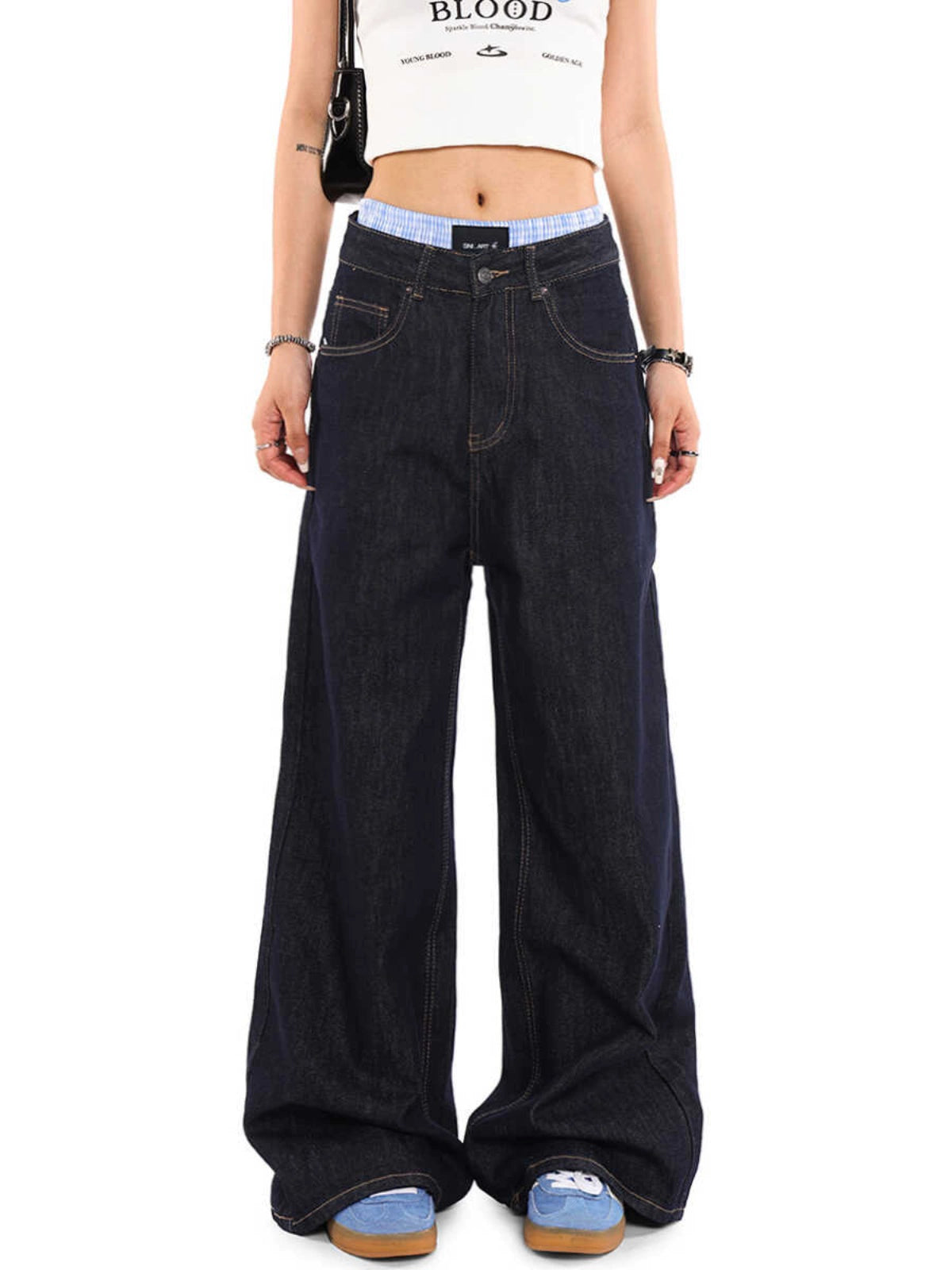 Dark Blue Wide Leg Jeans Men's and Women's Loose American Washed Denim Sagging Straight Leg Pants