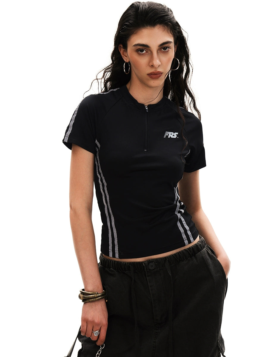 Half-Zip Print Sports Quick Dry Short Sleeve T-Shirt Women's Slim Fit American Retro Cycling Jersey Top