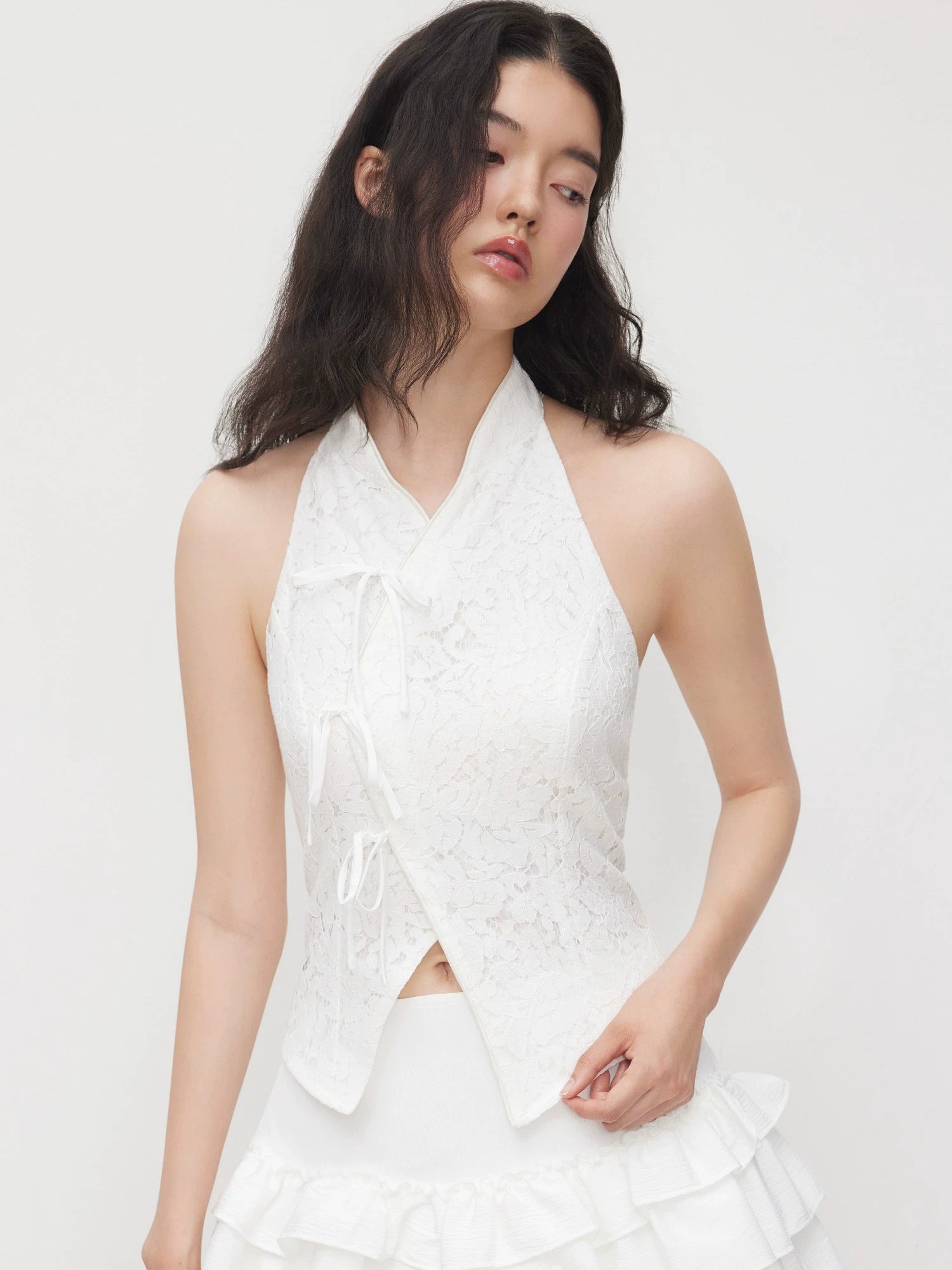 New Chinese Lapel Bow Slit Short Sleeveless Vest Top