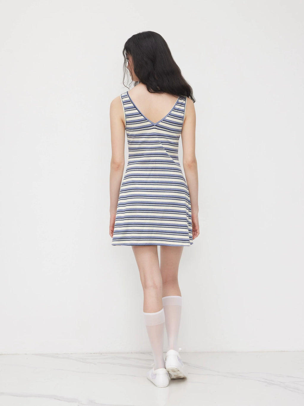 Cotton-Blend V-Neck Striped Cropped Slip Dress