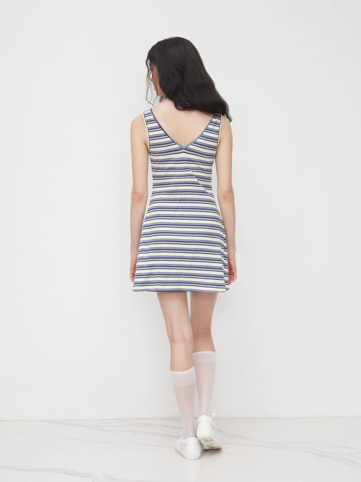 Cotton-Blend V-Neck Striped Cropped Slip Dress