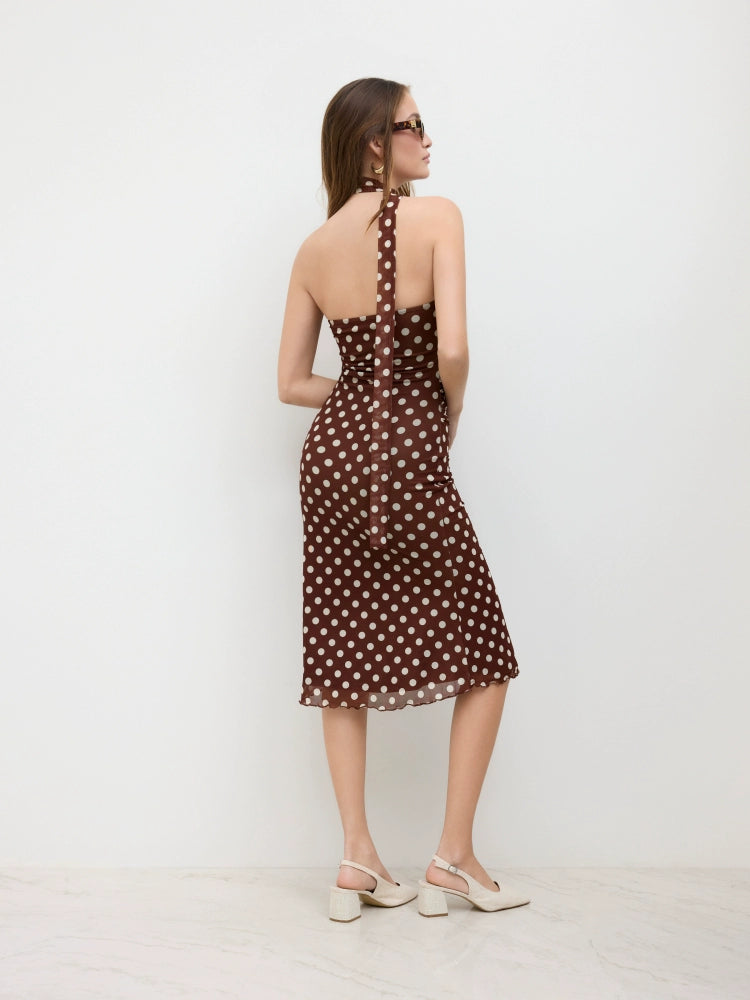 Mesh halterneck suspender asymmetrical design polka dot pleated midi length sleeveless dress