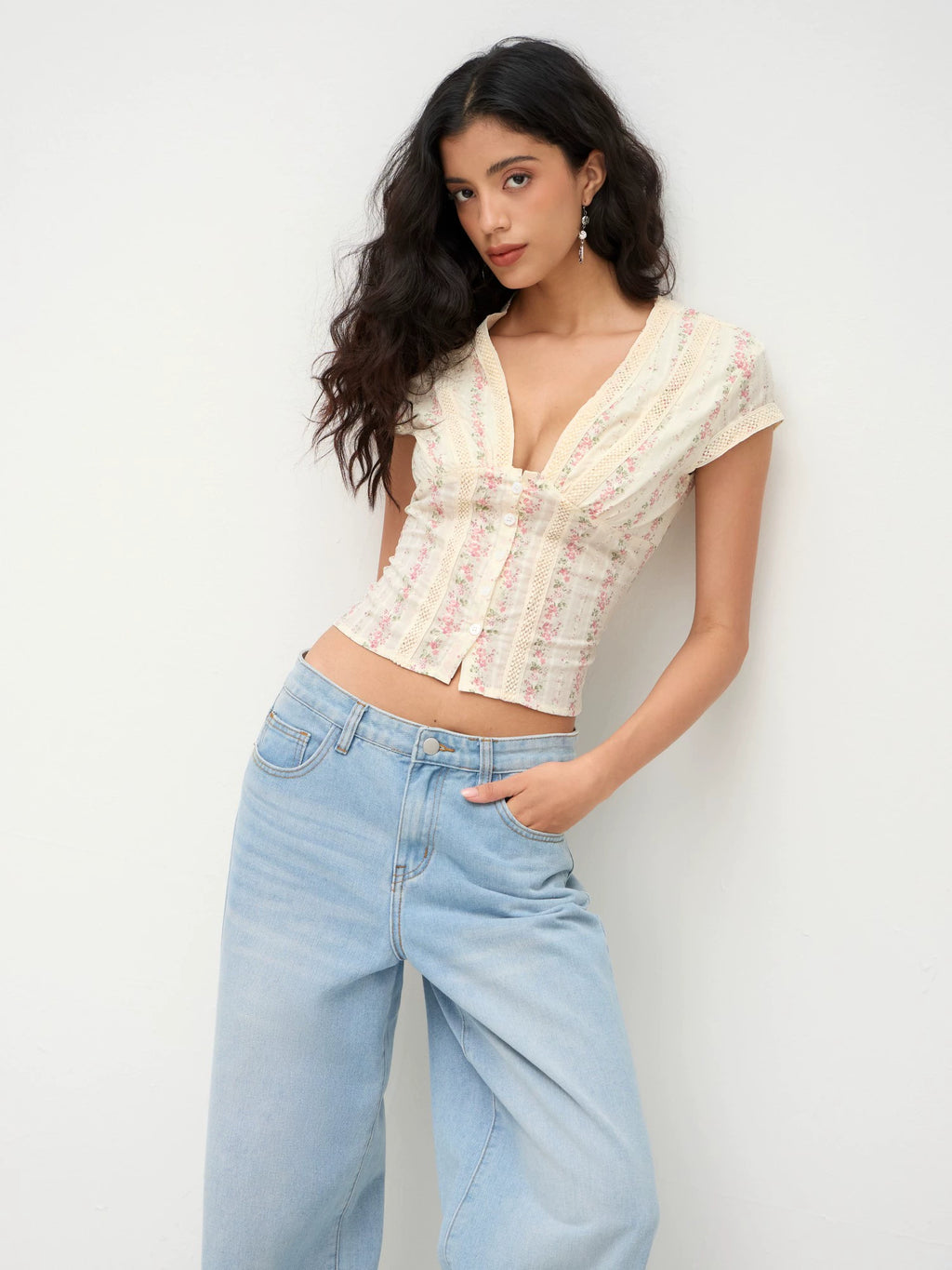 Cotton V-neck cropped shirt floral short-sleeved shirt