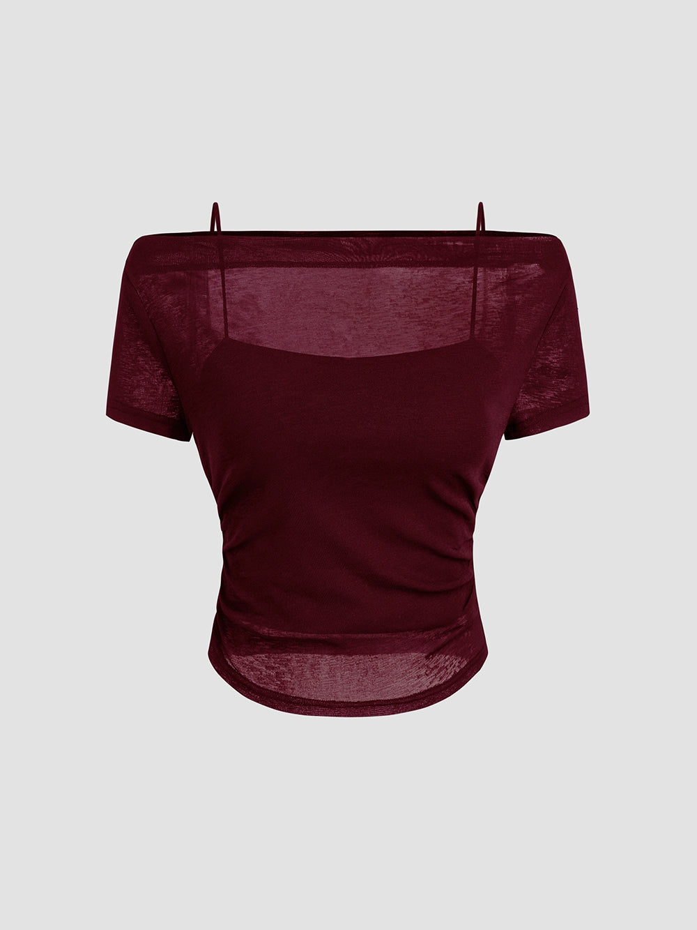 Shoulder Pleated Short-sleeved T-shirt Solid Color Slim-fit Sling Short One-line Collar Short-sleeved Top