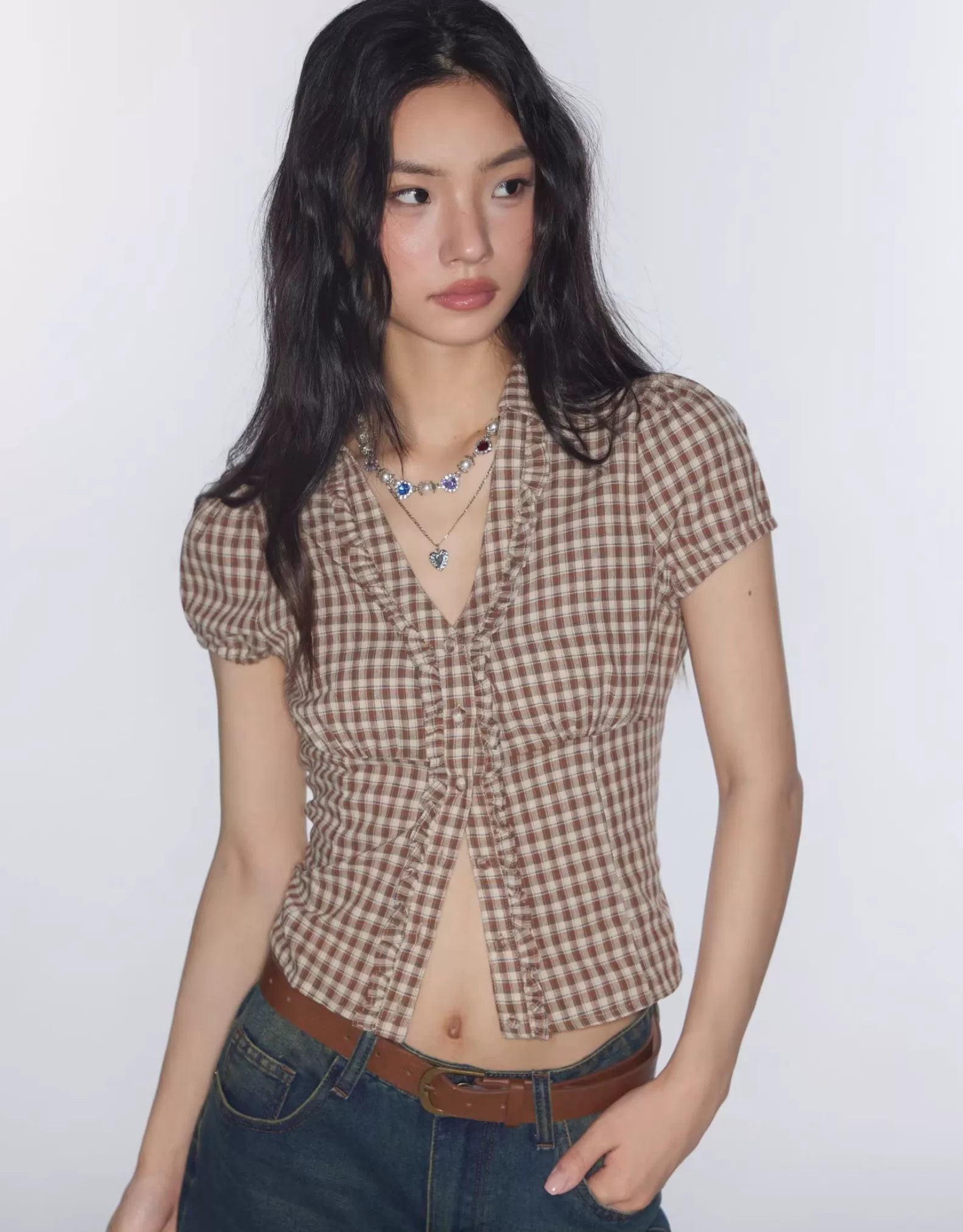 Star same genuine cotton V-neck retro plaid pinched waist small waist shirt top