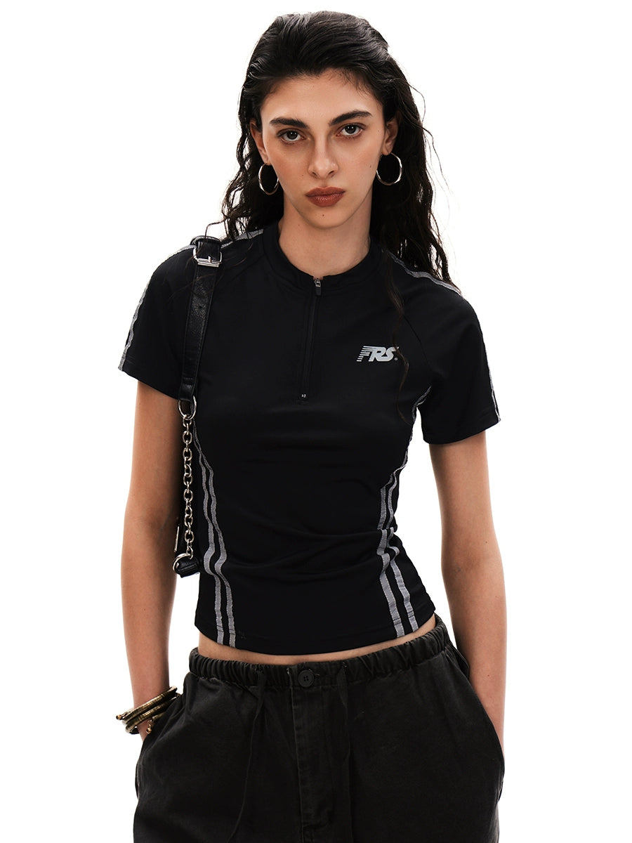 Half-Zip Print Sports Quick Dry Short Sleeve T-Shirt Women's Slim Fit American Retro Cycling Jersey Top