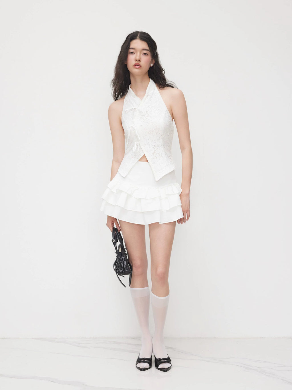 New Chinese Lapel Bow Slit Short Sleeveless Vest Top