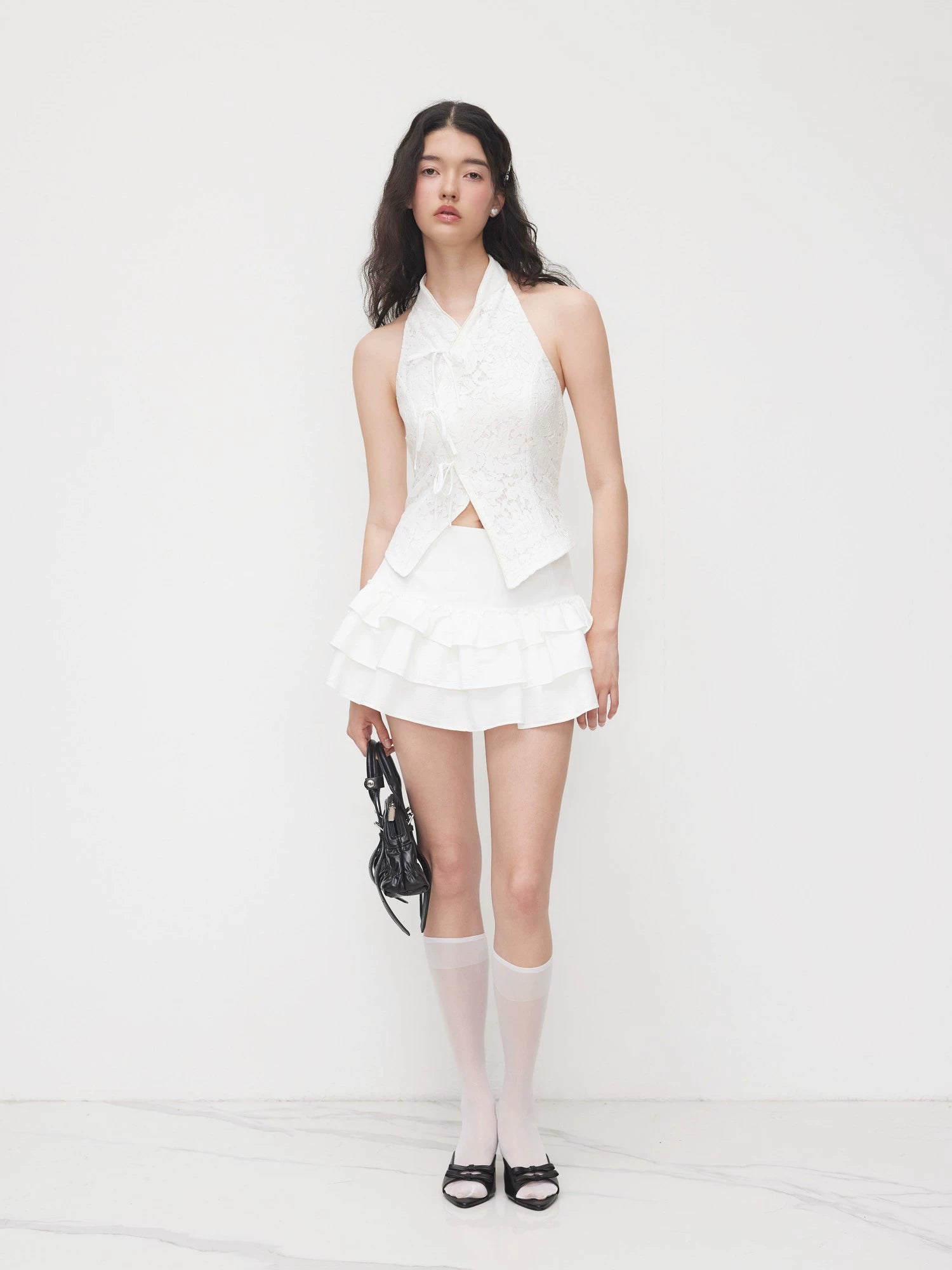 New Chinese Lapel Bow Slit Short Sleeveless Vest Top